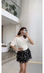 Leona Pamuk Kumaş Beli Büzgülü T-shirt - Ekru - Kod: 6996