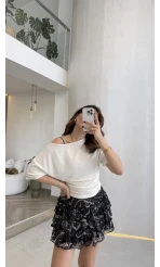 Leona Pamuk Kumaş Beli Büzgülü T-shirt - Ekru - Kod: 6996