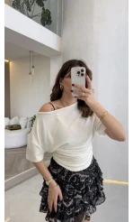 Leona Pamuk Kumaş Beli Büzgülü T-shirt - Ekru - Kod: 6996