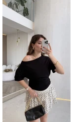 Leona Pamuk Kumaş Beli Büzgülü T-shirt - Siyah - Kod: 6996