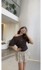 Leona Pamuk Kumaş Beli Büzgülü T-shirt - Kahverengi - Kod: 6996