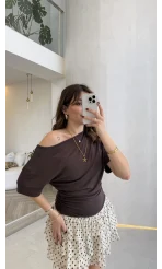 Leona Pamuk Kumaş Beli Büzgülü T-shirt - Kahverengi - Kod: 6996