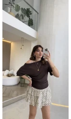 Leona Pamuk Kumaş Beli Büzgülü T-shirt - Kahverengi - Kod: 6996