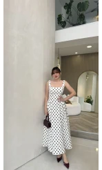 Askılı Puantiye Desenli Kloş Elbise - Ekru - Kod: 0344