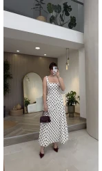 Askılı Puantiye Desenli Kloş Elbise - Ekru - Kod: 0344