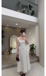 Askılı Puantiye Desenli Kloş Elbise - Ekru - Kod: 0344