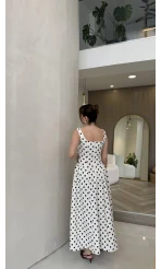 Askılı Puantiye Desenli Kloş Elbise - Ekru - Kod: 0344