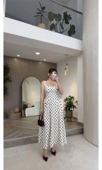 Askılı Puantiye Desenli Kloş Elbise - Ekru - Kod: 0344