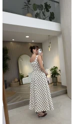 Askılı Puantiye Desenli Kloş Elbise - Ekru - Kod: 0344