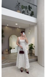 Askılı Puantiye Desenli Kloş Elbise - Ekru - Kod: 0344