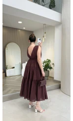 Kaylee V Yaka Bağcıklı Pamuklu Elbise - Bordo - Kod: 052