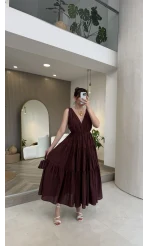 Kaylee V Yaka Bağcıklı Pamuklu Elbise - Bordo - Kod: 052