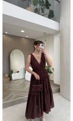 Kaylee V Yaka Bağcıklı Pamuklu Elbise - Bordo - Kod: 052