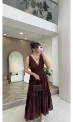 Kaylee V Yaka Bağcıklı Pamuklu Elbise - Bordo - Kod: 052