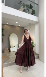 Kaylee V Yaka Bağcıklı Pamuklu Elbise - Bordo - Kod: 052