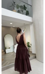 Kaylee V Yaka Bağcıklı Pamuklu Elbise - Bordo - Kod: 052