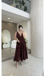 Kaylee V Yaka Bağcıklı Pamuklu Elbise - Bordo - Kod: 052