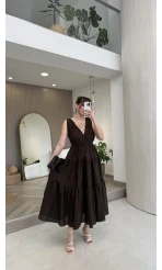 Kaylee V Yaka Bağcıklı Pamuklu Elbise - Kahve - Kod: 052