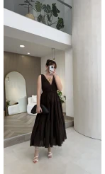 Kaylee V Yaka Bağcıklı Pamuklu Elbise - Kahve - Kod: 052