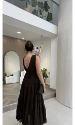 Kaylee V Yaka Bağcıklı Pamuklu Elbise - Kahve - Kod: 052