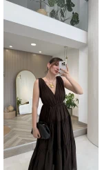 Kaylee V Yaka Bağcıklı Pamuklu Elbise - Kahve - Kod: 052