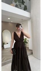 Kaylee V Yaka Bağcıklı Pamuklu Elbise - Kahve - Kod: 052