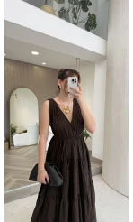 Kaylee V Yaka Bağcıklı Pamuklu Elbise - Kahve - Kod: 052