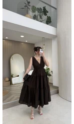 Kaylee V Yaka Bağcıklı Pamuklu Elbise - Kahve - Kod: 052