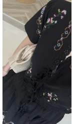 Renkli Nakış Yıkamalı Keten Kumaş Bluz Etek Takım - Siyah