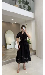 Renkli Nakış Yıkamalı Keten Kumaş Bluz Etek Takım - Siyah