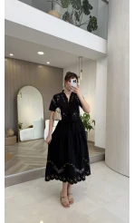 Renkli Nakış Yıkamalı Keten Kumaş Bluz Etek Takım - Siyah