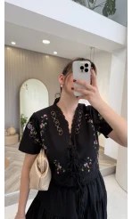 Renkli Nakış Yıkamalı Keten Kumaş Bluz Etek Takım - Siyah