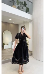 Renkli Nakış Yıkamalı Keten Kumaş Bluz Etek Takım - Siyah