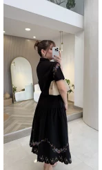 Renkli Nakış Yıkamalı Keten Kumaş Bluz Etek Takım - Siyah