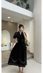 Renkli Nakış Yıkamalı Keten Kumaş Bluz Etek Takım - Siyah