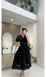 Renkli Nakış Yıkamalı Keten Kumaş Bluz Etek Takım - Siyah