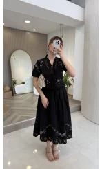 Renkli Nakış Yıkamalı Keten Kumaş Bluz Etek Takım - Siyah