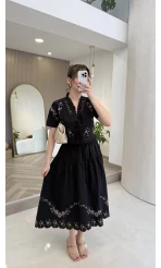 Renkli Nakış Yıkamalı Keten Kumaş Bluz Etek Takım - Siyah