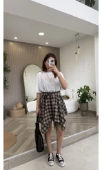 Bağlamalı Ekose Desenli Mini Etek - Kahverengi - Kod: 8460