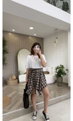 Bağlamalı Ekose Desenli Mini Etek - Kahverengi - Kod: 8460