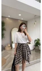 Bağlamalı Ekose Desenli Mini Etek - Kahverengi - Kod: 8460