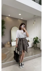 Bağlamalı Ekose Desenli Mini Etek - Kahverengi - Kod: 8460