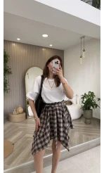 Bağlamalı Ekose Desenli Mini Etek - Kahverengi - Kod: 8460