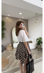 Bağlamalı Ekose Desenli Mini Etek - Kahverengi - Kod: 8460