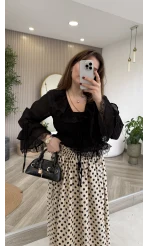 Sebastian Dantel Detay Fırfırlı Bluz - Siyah - Kod: 1075