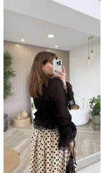 Sebastian Dantel Detay Fırfırlı Bluz - Siyah - Kod: 1075