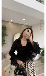 Sebastian Dantel Detay Fırfırlı Bluz - Siyah - Kod: 1075