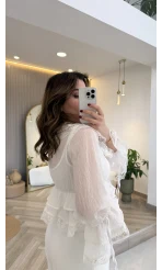 Sebastian Dantel Detay Fırfırlı Bluz - Beyaz - Kod: 1075