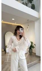 Sebastian Dantel Detay Fırfırlı Bluz - Beyaz - Kod: 1075