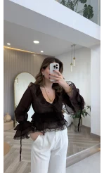 Sebastian Dantel Detay Fırfırlı Bluz - Kahverengi - Kod: 1075